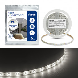 Cветодиодная LED лента Feron LS604, 60SMD(2835)/м 4.8Вт/м  5м IP65 12V 4000К арт.48219