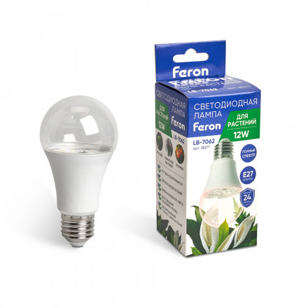 Лампа светодиодная для растений А60 Feron LB-7060 E27 12W полный спектр арт.38277