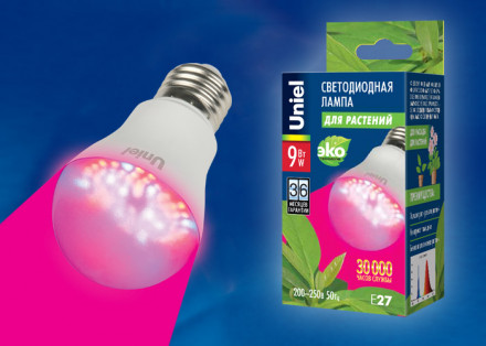 Фито лампа для растений светодиодная Uniel A60 E27 9W 9мкмоль/с, прозрачная 108x60 IP20 LED-A60-9W/SP/E27/CL
