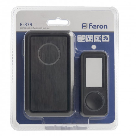 Звонок дверной беспроводной Feron E-379 Электрический 18 мелодий черный с питанием от батареек арт.41436