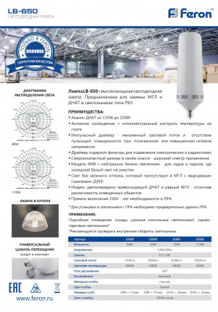 Лампа светодиодная Feron LB-650 E27-E40 60W 4000K арт.25889