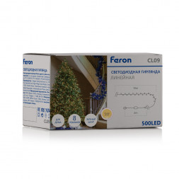 Светодиодная гирлянда Feron CL09 линейная 10м + 2м 230V 2700К, c питанием от сети, зеленый шнур арт.48178