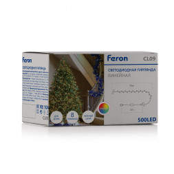 Светодиодная гирлянда Feron CL09 линейная 10м + 2м 230V мультиколор, c питанием от сети, зеленый шнур арт.48179