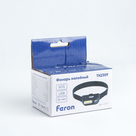 Фонарь налобный Feron TH2309 с аккумулятором USB 1*18650, 3W+2W XPE+COB IP44, пластик