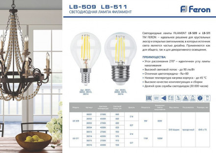 Лампа светодиодная Feron LB-509 Шарик E14 9W 4000K арт.38002