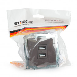 Розетка USB 2-местная (механизм), STEKKER GLS10-7115-04, 250B, 2,1А, серия Катрин, шоколад арт.49027